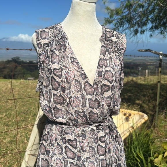All Saints Priya Misra Snakeskin Ruffle Chiffon Sleeveless Wrap Mini Dress Small - Picture 3 of 9